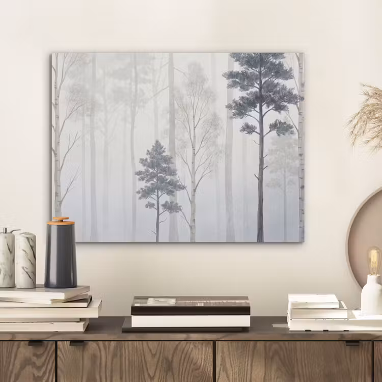 Bos - Bomen - Mist - Natuur - Illustratie - Grijs PET vilt klein -sfeer1