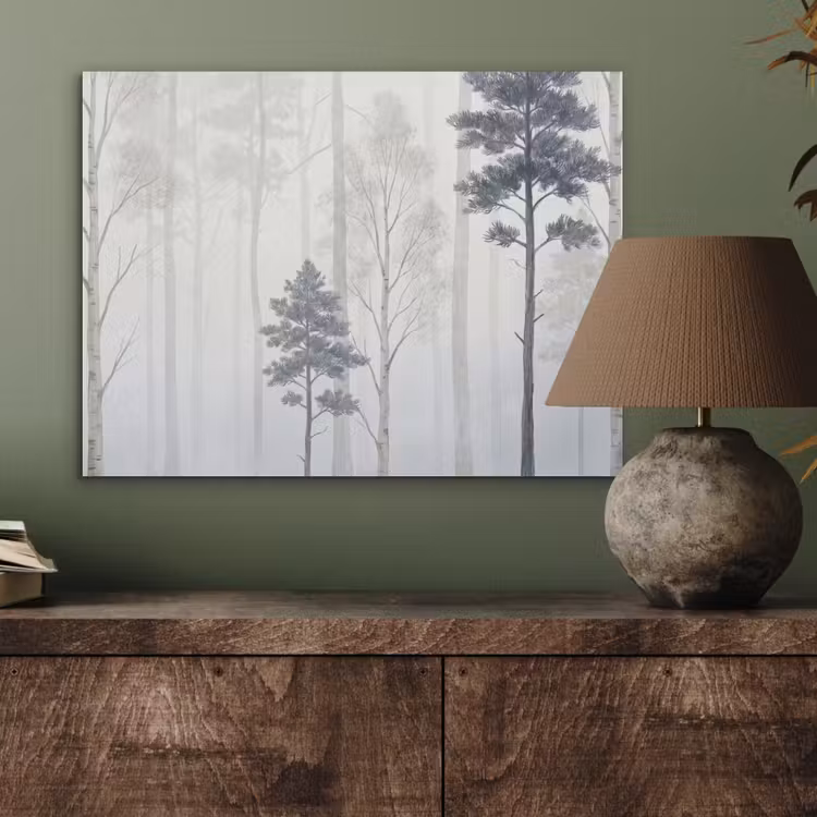 Bos - Bomen - Mist - Natuur - Illustratie - Grijs PET vilt klein -sfeer2
