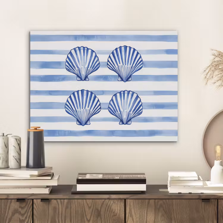 Vier schelpen - Blauw - Wit - Strepen PET vilt klein -sfeer1