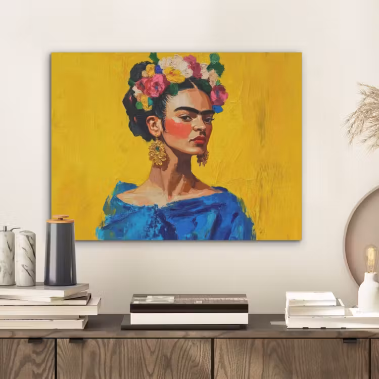 Frida Kahlo - Vrouw - Geel - Blauw - Bloemen PET vilt klein -sfeer1