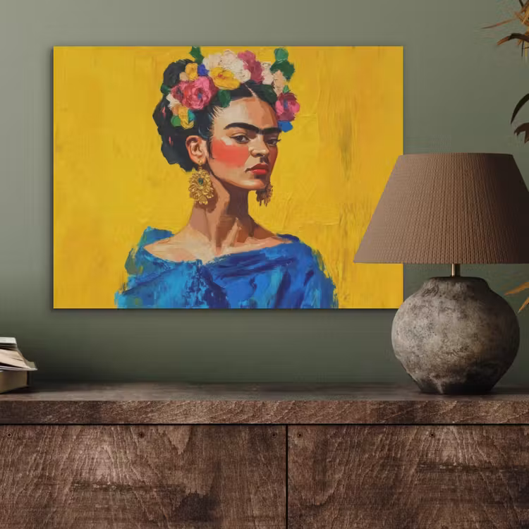 Frida Kahlo - Vrouw - Geel - Blauw - Bloemen PET vilt klein -sfeer2