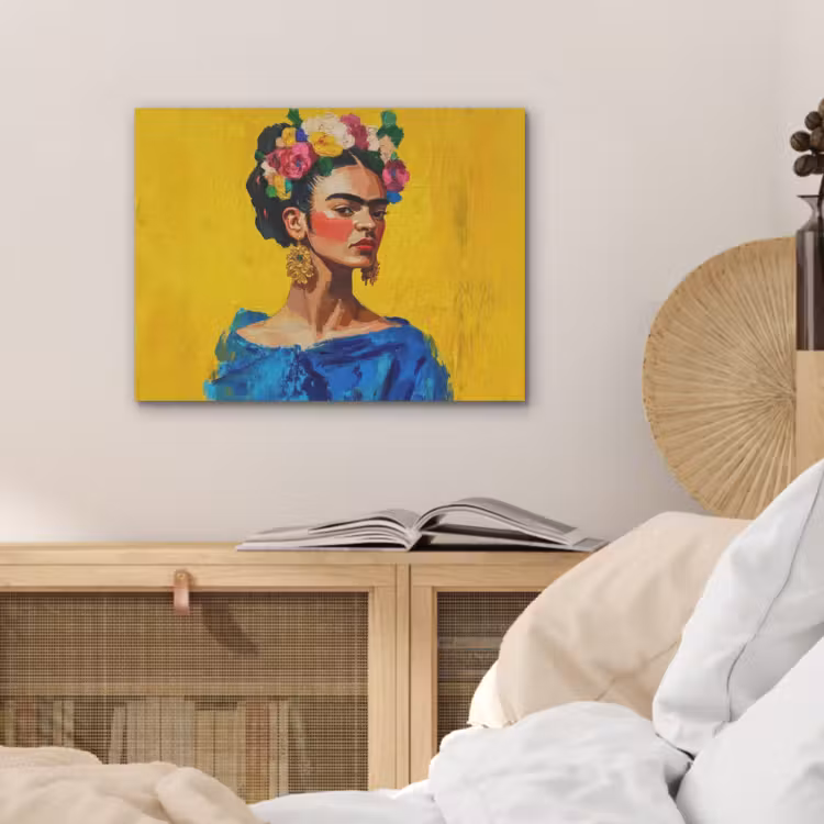 Frida Kahlo - Vrouw - Geel - Blauw - Bloemen PET vilt klein -sfeer3