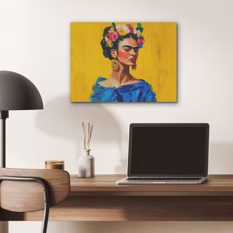 Frida Kahlo - Vrouw - Geel - Blauw - Bloemen PET vilt klein -sfeer5