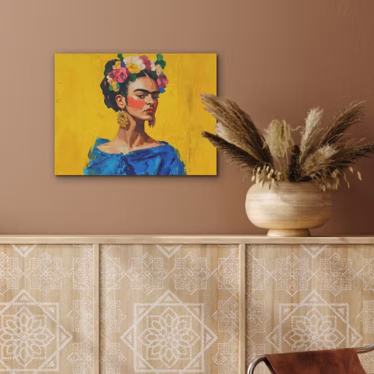 Frida Kahlo - Vrouw - Geel - Blauw - Bloemen PET vilt klein -sfeer4