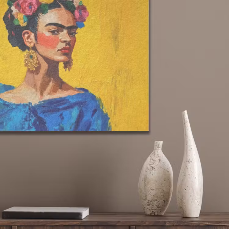 Frida Kahlo - Vrouw - Geel - Blauw - Bloemen PET vilt klein -sfeer6_closeup