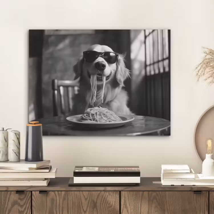 Golden Retriever - Hond - Vrolijk - Bord spaghetti - Zwart - wit PET vilt klein -sfeer1