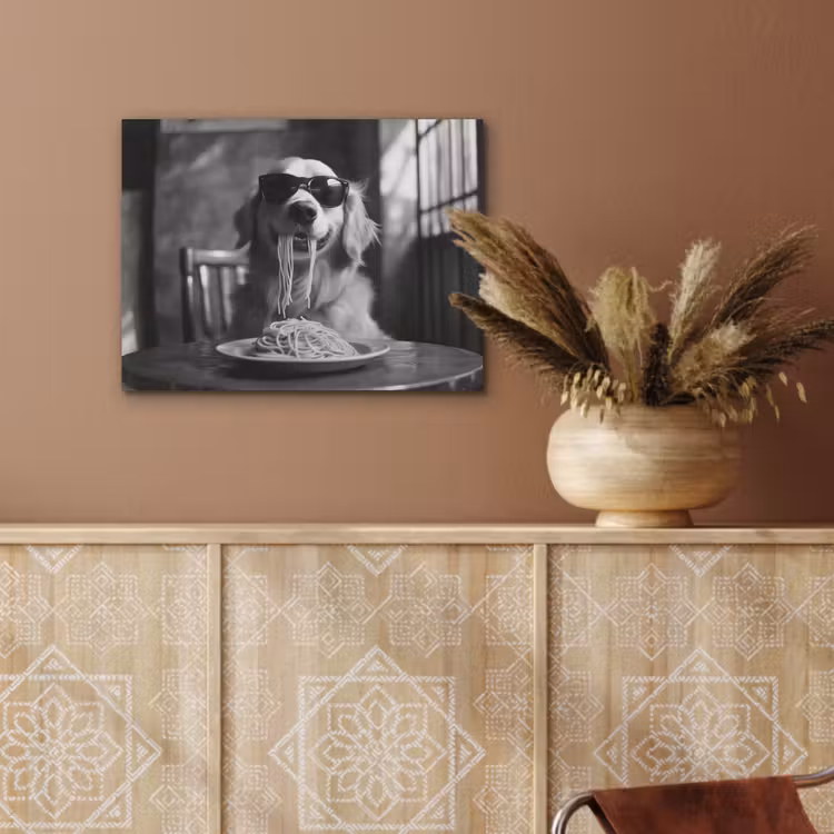 Golden Retriever - Hond - Vrolijk - Bord spaghetti - Zwart - wit PET vilt klein -sfeer4