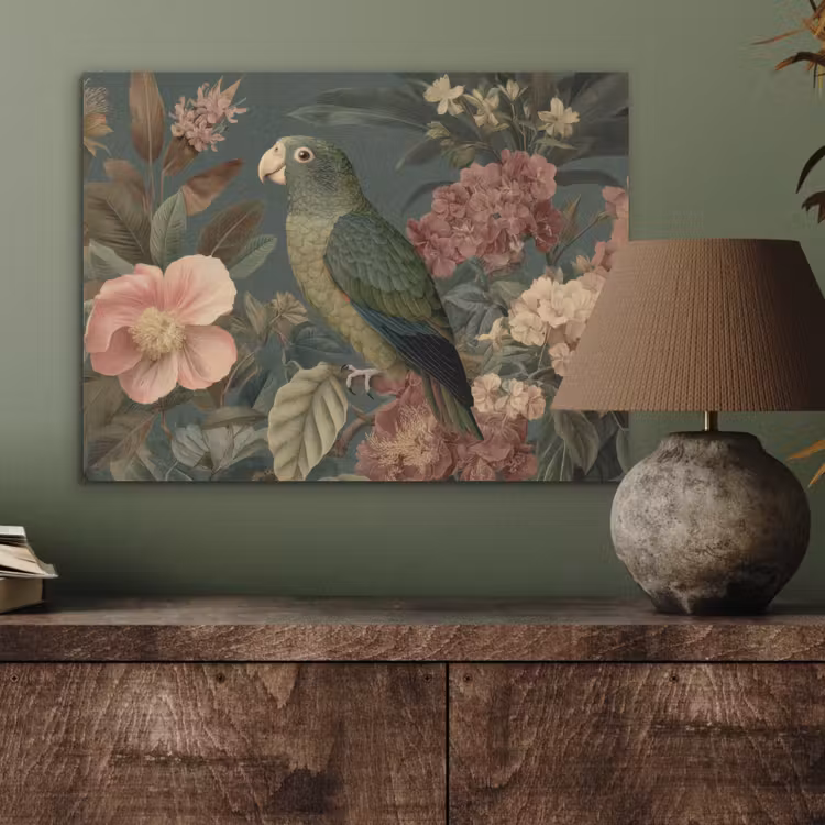 Groene papegaai - Kleurrijke bloemen - Donkere achtergrond PET vilt klein -sfeer2