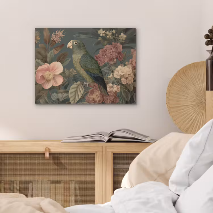 Groene papegaai - Kleurrijke bloemen - Donkere achtergrond PET vilt klein -sfeer3