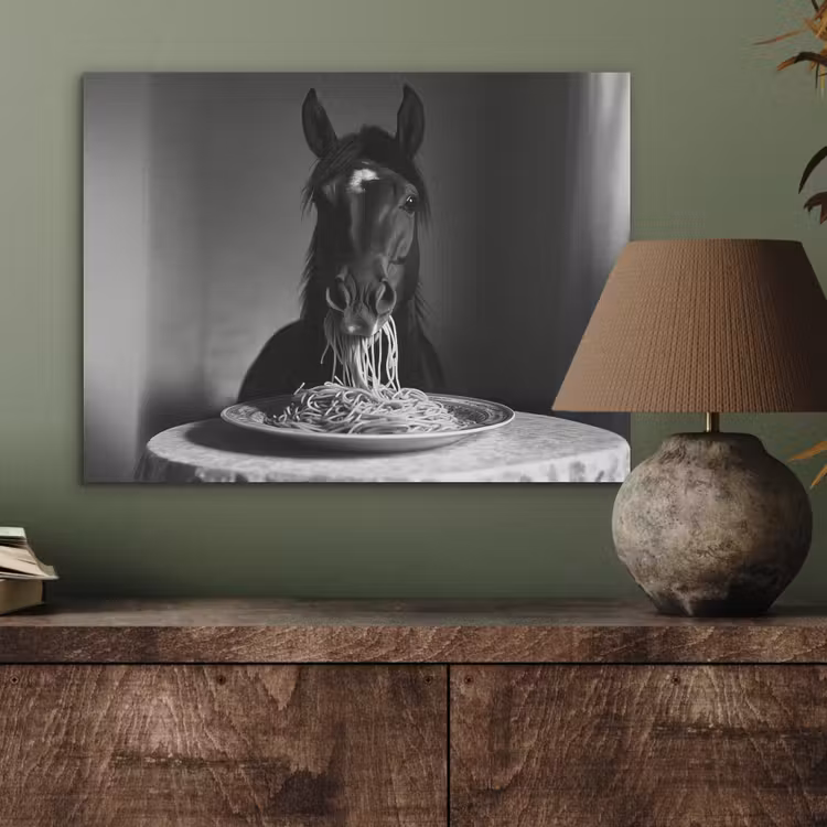 Paard - Bord - Pasta - Tafelkleed - Zwart Wit - Dieren PET vilt klein -sfeer2
