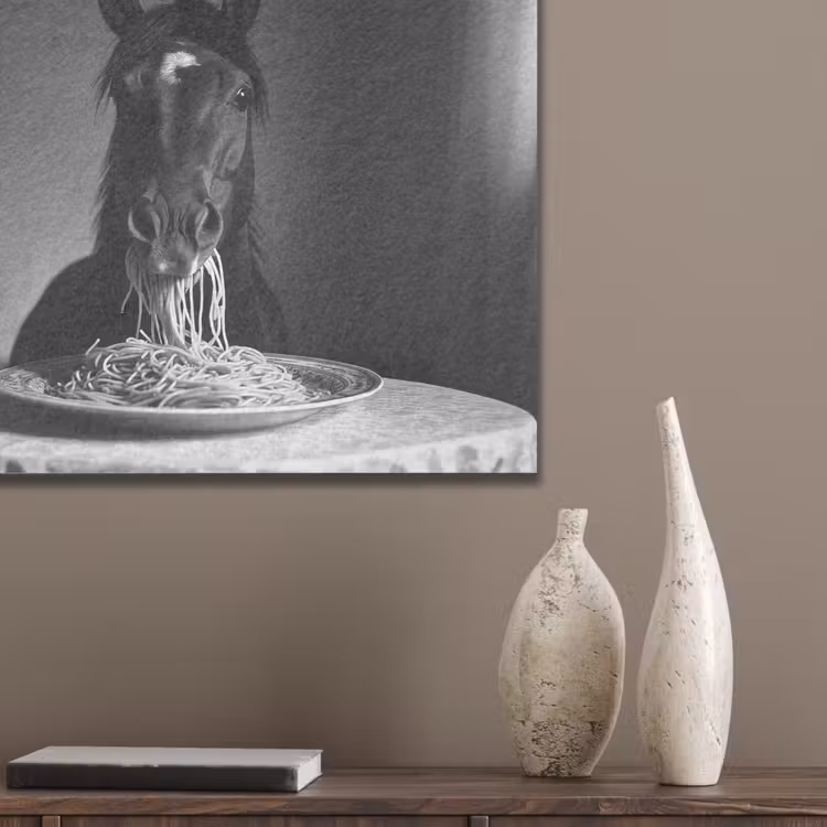 Paard - Bord - Pasta - Tafelkleed - Zwart Wit - Dieren PET vilt klein -sfeer6_closeup