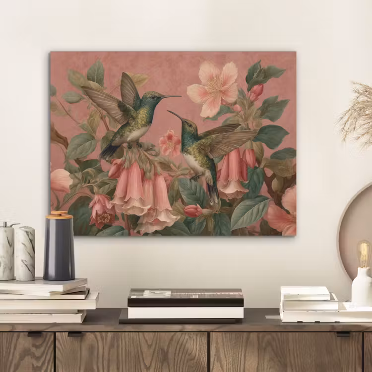 Kolibries - Bloemen - Groen - Roze PET vilt klein -sfeer1