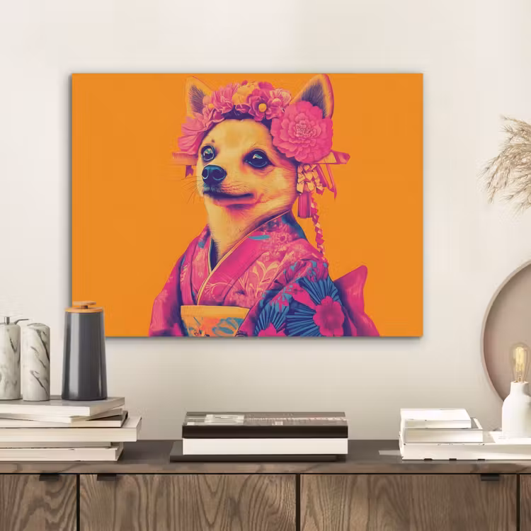 Kimono - Hondje - Bloemenkroon - Oranje PET vilt klein -sfeer1