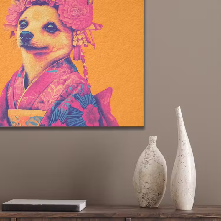 Kimono - Hondje - Bloemenkroon - Oranje PET vilt klein -sfeer6_closeup