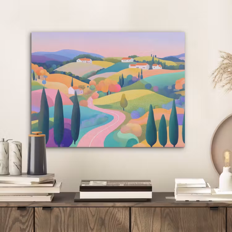 Landschap - Paars - Pastel - Huizen PET vilt klein -sfeer1
