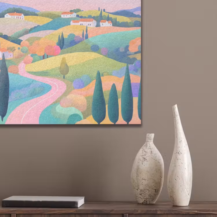 Landschap - Paars - Pastel - Huizen PET vilt klein -sfeer6_closeup