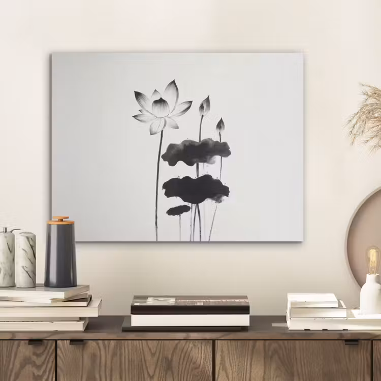 Bladeren - Zwart - Lotusbloem - Minimalitisch PET vilt klein -sfeer1