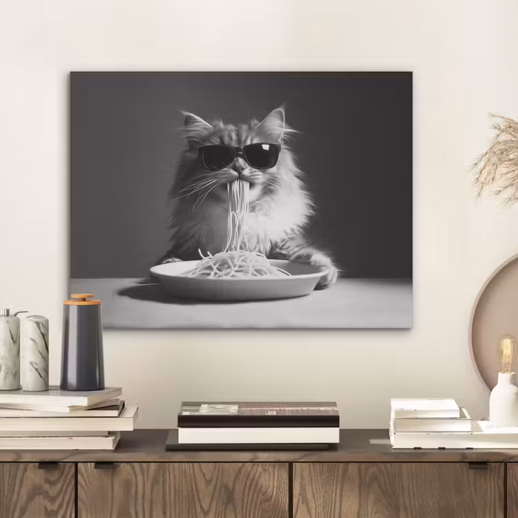 Langharige kat - Zonnebril - Spaghetti - Humor - Zwart - wit PET vilt klein -sfeer1