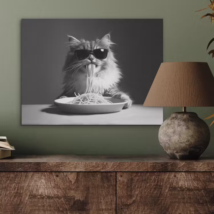 Langharige kat - Zonnebril - Spaghetti - Humor - Zwart - wit PET vilt klein -sfeer2