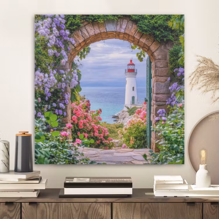 Doorkijk - Vuurtoren - Bloemen - Uitzicht PET vilt klein -sfeer1