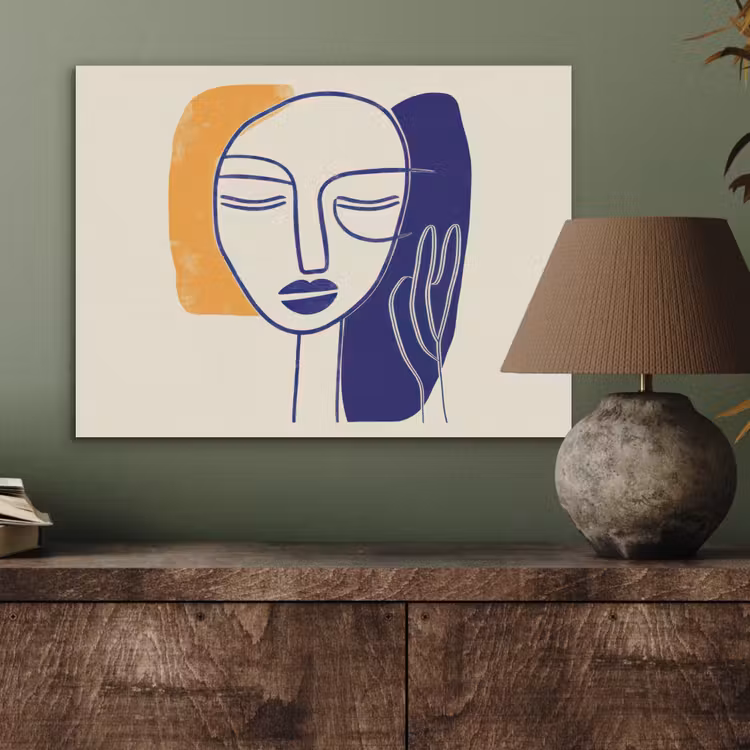 Minimalistisch - Gezicht - Hand - Oranje - Blauw PET vilt klein -sfeer2
