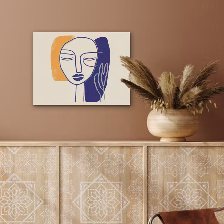 Minimalistisch - Gezicht - Hand - Oranje - Blauw PET vilt klein -sfeer4