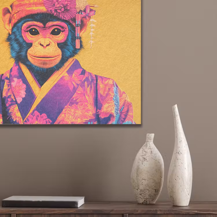 Aap - Kimono - Bloemen - Hoofdtooi PET vilt klein -sfeer6_closeup