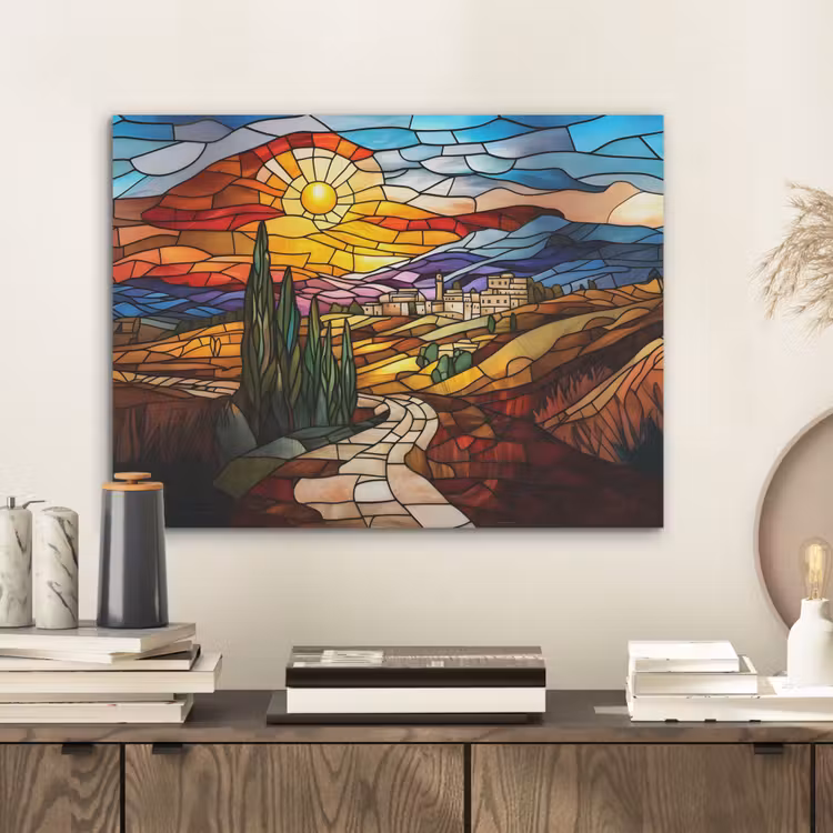 Mozaïek - Zon - Landschap - Dorp PET vilt klein -sfeer1