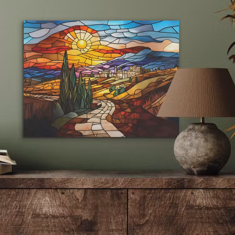 Mozaïek - Zon - Landschap - Dorp PET vilt klein -sfeer2