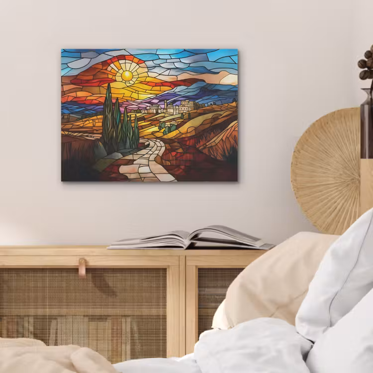 Mozaïek - Zon - Landschap - Dorp PET vilt klein -sfeer3