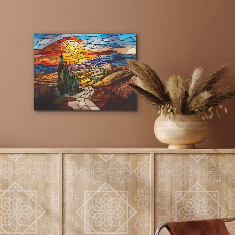 Mozaïek - Zon - Landschap - Dorp PET vilt klein -sfeer4