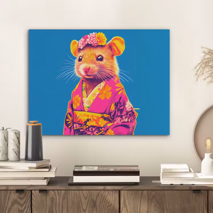 Muis - Kimono - Bloemen - Blauw PET vilt klein -sfeer1