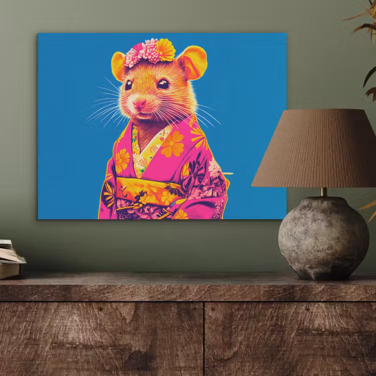 Muis - Kimono - Bloemen - Blauw PET vilt klein -sfeer2