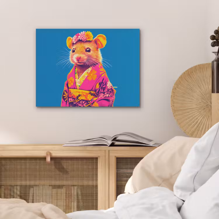 Muis - Kimono - Bloemen - Blauw PET vilt klein -sfeer3