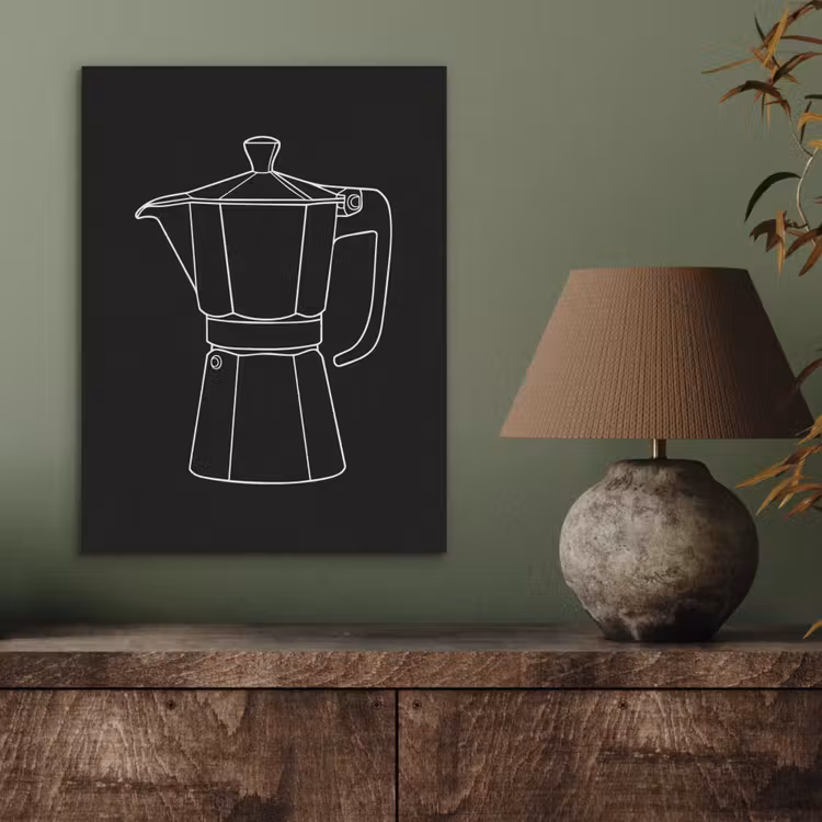 Mokkapot - Zwart - Wit - Lijntekening PET vilt klein -sfeer2