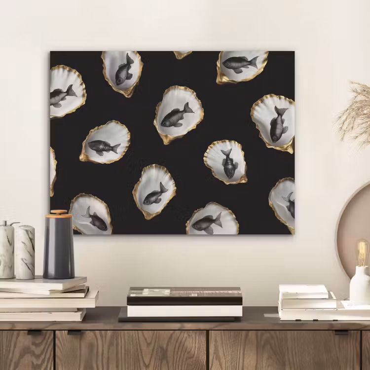 Oesters - Zwart - Vissen - Goud PET vilt klein -sfeer1