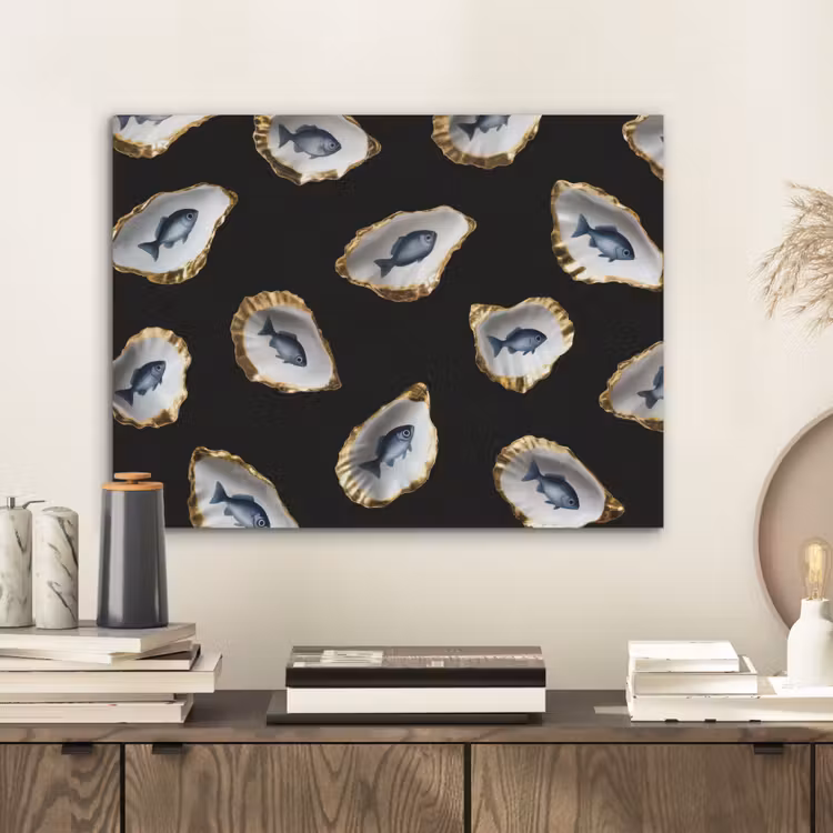 Oesters - Vissen - Blauw - Goud PET vilt klein -sfeer1