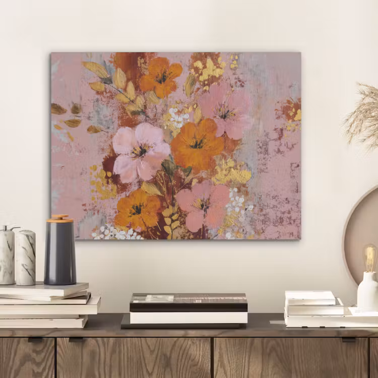 Schilderij - Bloemen - Rustiek - Roze PET vilt klein -sfeer1