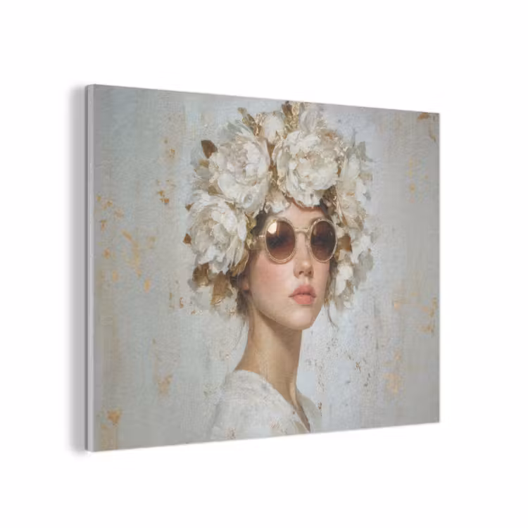 Schilderij - Vrouw - Zonnebril - Bloemenkrans PET vilt klein -3d