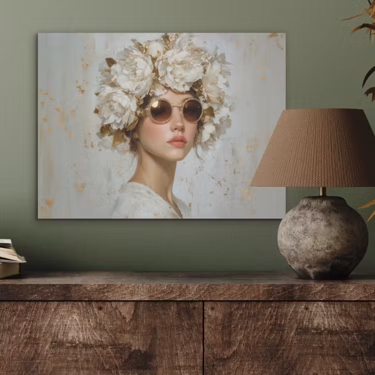 Schilderij - Vrouw - Zonnebril - Bloemenkrans PET vilt klein -sfeer2