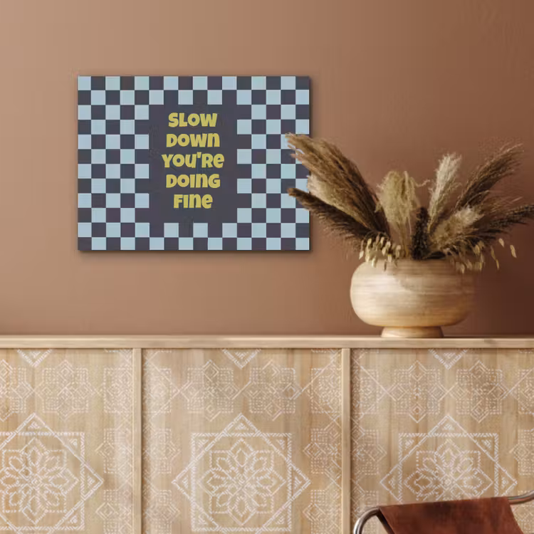 Patroon - Geblok - Blauw - Slow down you're doing fine PET vilt klein -sfeer4