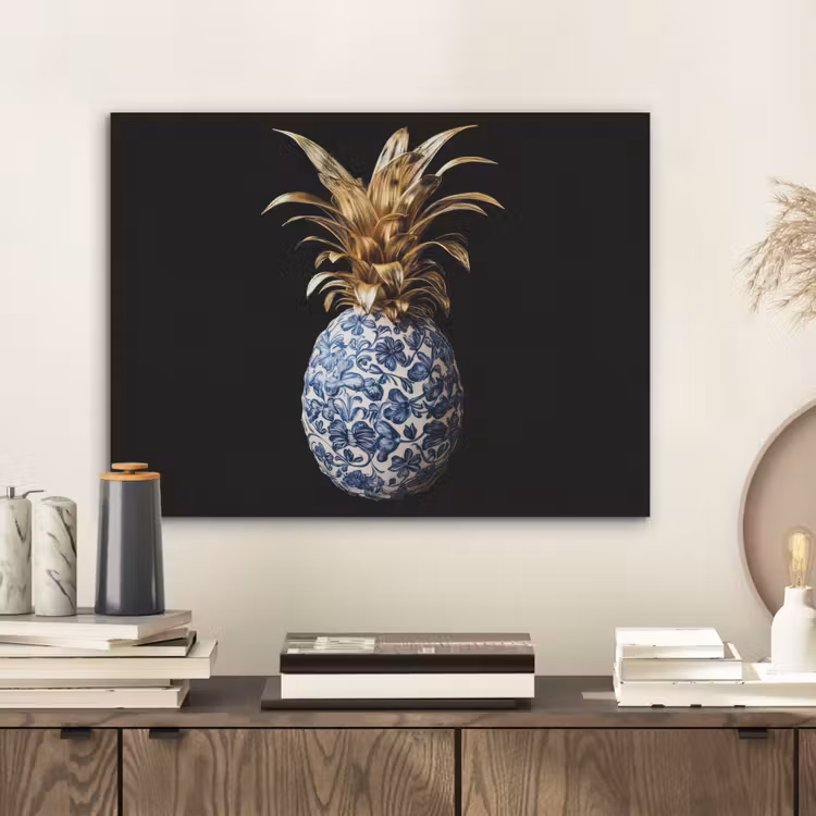 Ananas - Bloemen patroon - Goud - Delftsblauw PET vilt klein -sfeer1