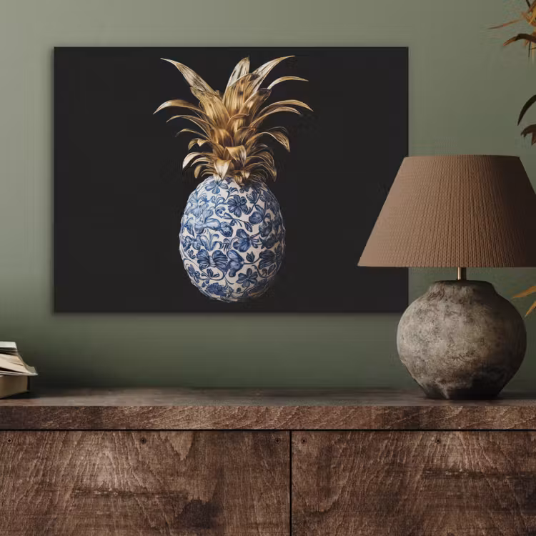 Ananas - Bloemen patroon - Goud - Delftsblauw PET vilt klein -sfeer2