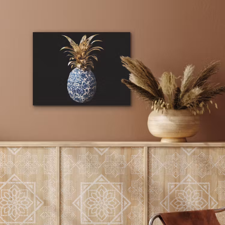 Ananas - Bloemen patroon - Goud - Delftsblauw PET vilt klein -sfeer4