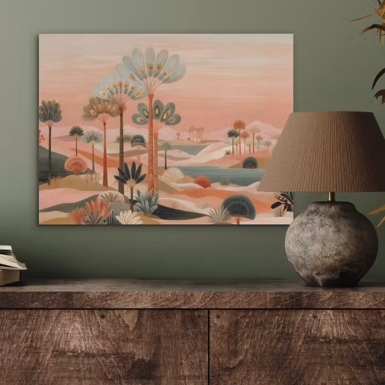 Roze landschap - Palmen - Water PET vilt klein -sfeer2