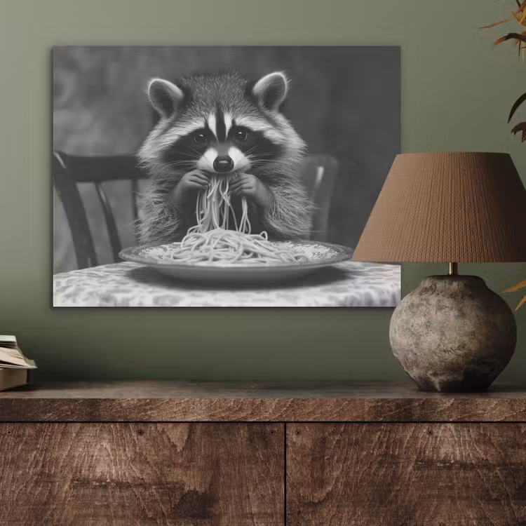 Wasbeer - Cute - Pasta - Tafelkleed - Zwart - Wit PET vilt klein -sfeer2