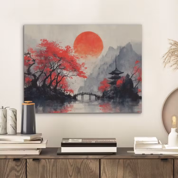 Rode zon - Rivier - brug - Bomen PET vilt klein -sfeer1