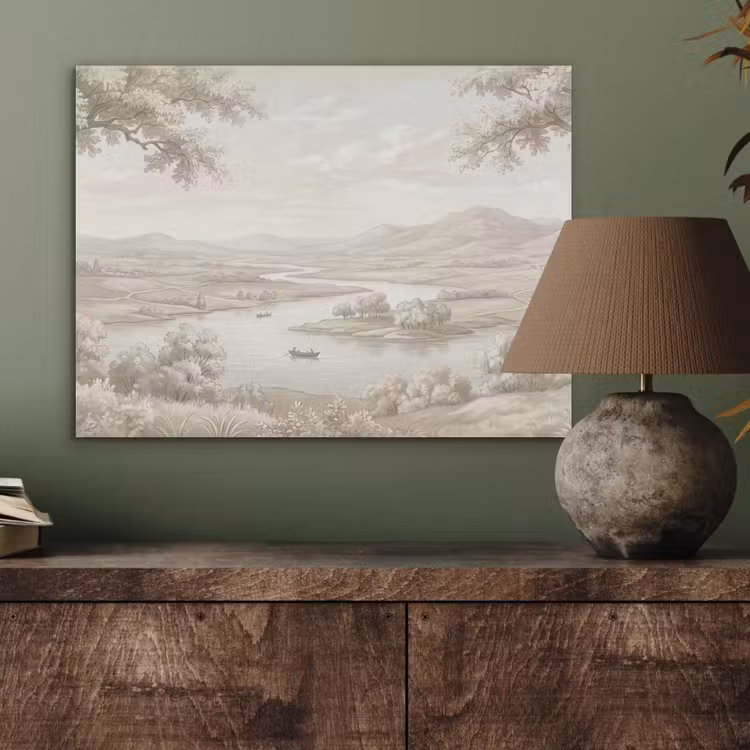 Rivierlandschap - Bergen - Natuur - Vintage - Beige PET vilt klein -sfeer2