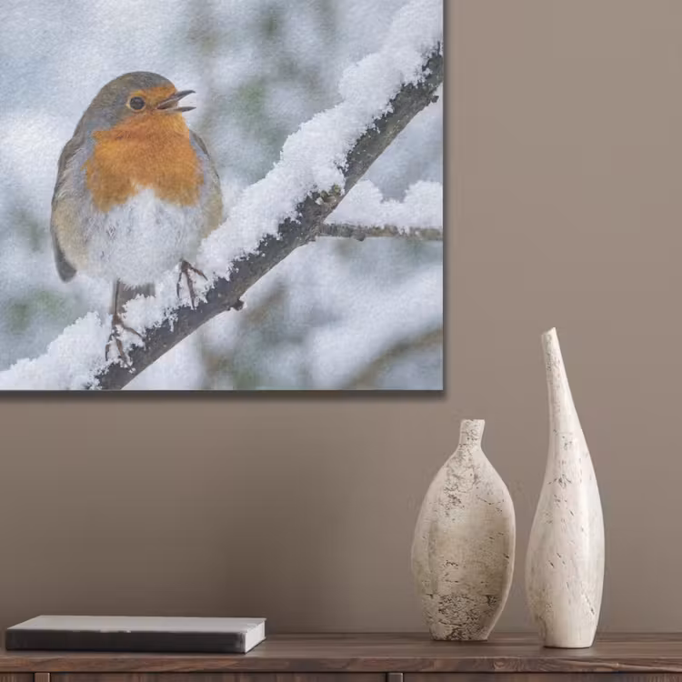 Roodborstje - Tak - Sneeuw - Winter - Levendig PET vilt klein -sfeer6_closeup