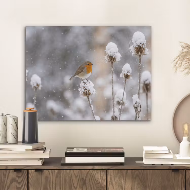 Roodborstje - Gedroogde bloem - Sneeuw - Winter - Vertederend PET vilt klein -sfeer1